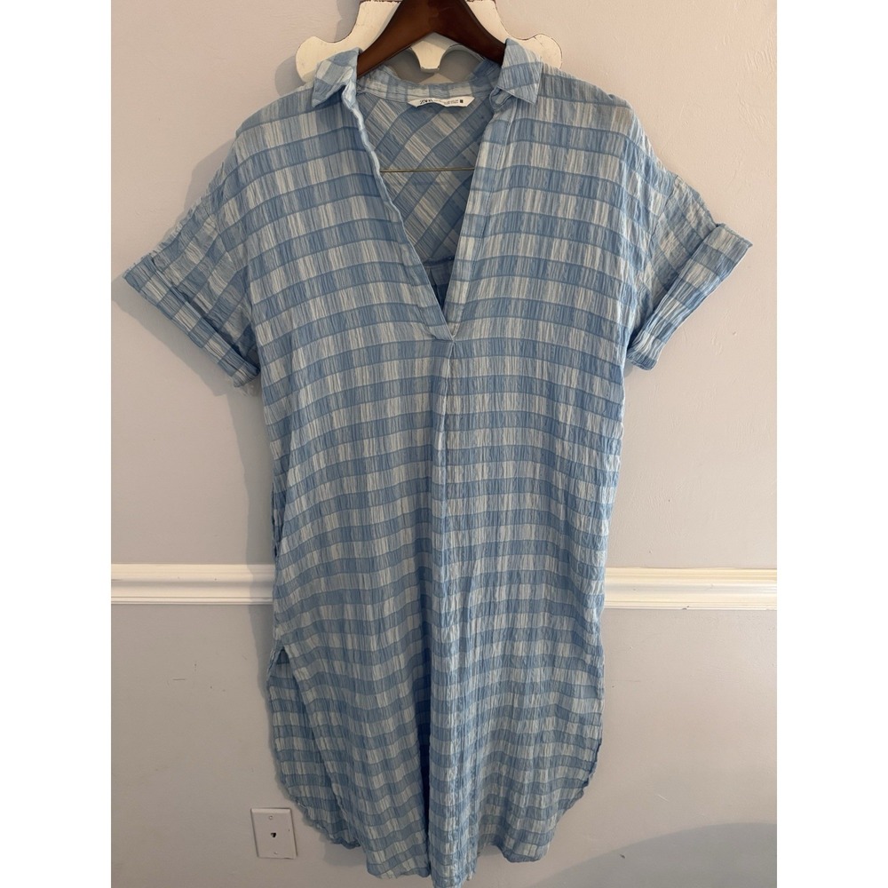 Zara Women's Oversized Light Blue Gingham Check Print Shirt Tunic Dress Size XS